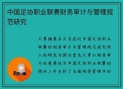 中国足协职业联赛财务审计与管理规范研究 中国足协职业联赛财务审计与管理规范研究
