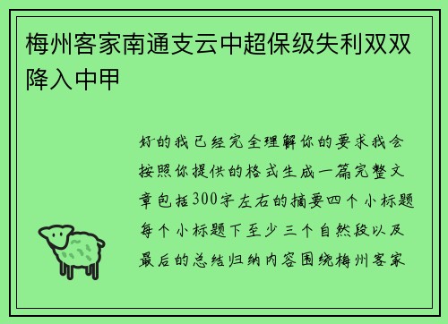 梅州客家南通支云中超保级失利双双降入中甲 梅州客家南通支云中超保级失利双双降入中甲
