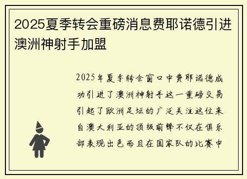 2025夏季转会重磅消息费耶诺德引进澳洲神射手加盟